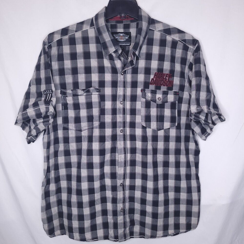 Harley Davidson Shirt Mens 2XL Plaid Black, Gray Button Down Short Sleeve Embroi